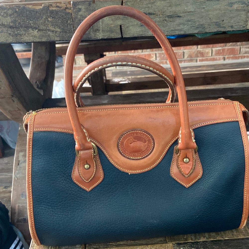 Vintage Dooney & Bourke black pebble leather satchel bag, brown trim, Pre Loved